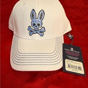 Psycho Bunny White Baseball Cap with Blue Embroidered Bunny-and-Bones